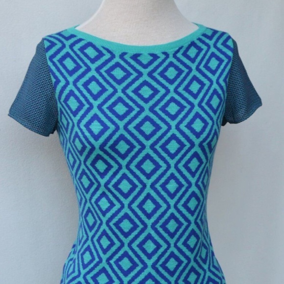 Ann Taylor Loft  Short Sleeve Sweater Geometric Diamond Print Aqua Blue Size XS - Picture 14 of 14